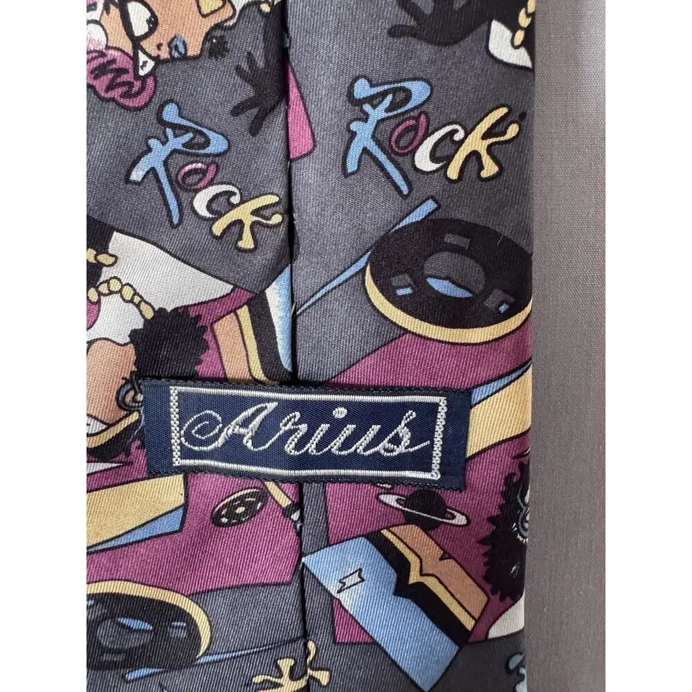 Vintage Arius 100% Silk Novelty Tie Elvis Rock & Roll Music Gray Made in Italy